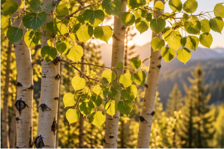 Sunlight filtering through green aspen leaves