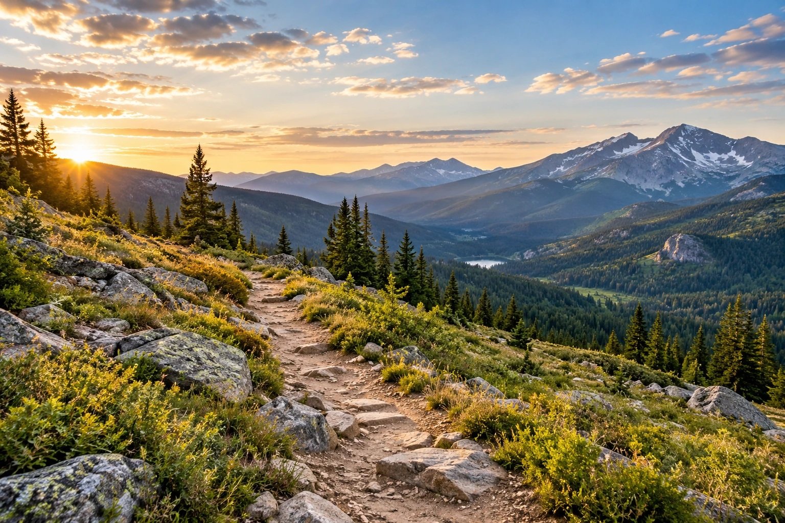 Sunlit mountain trail opening toward a broad alpine valley