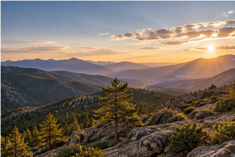 Open mountain horizon in warm evening light