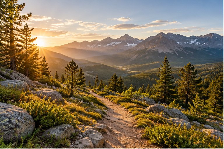 Sunrise over a mountain trail